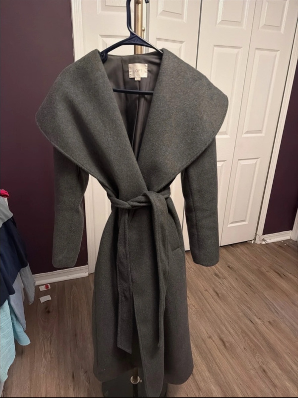 LOFT Olive Green Wool-Blend Shawl-Collar Wrap Trench Coat